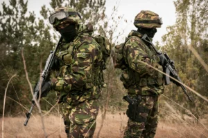 Две особе у маскирној униформи носе заставине Аутомате М05