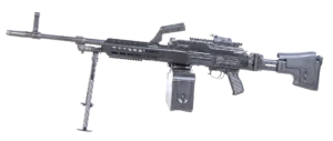 Prikaz leve strane Puškomitraljeza M84 M sa kutijom za municiju naslonjen na bipod